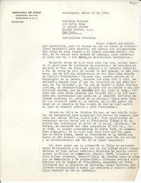 [Carta] 1956 mar. 11, Washington [a] Gabriela Mistral, Roslyn Harbor, New York