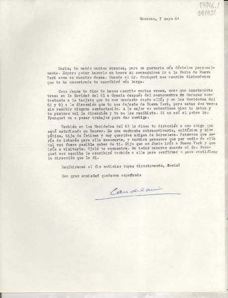 [Carta] 1964 mayo 7, Caracas, [Venezuela] [a] Doris