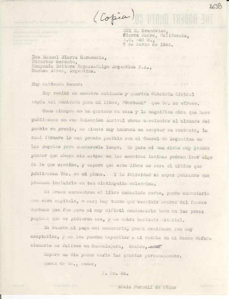 [Carta] 1949 mar. 7, Sierra Madre, California [a] Manuel Olarra Garmendia, Director Gerente Compañia Editora Espasa-Calpe, Buenos Aires, Argentina