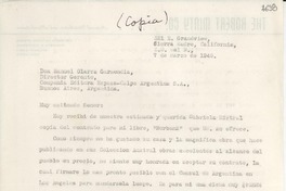 [Carta] 1949 mar. 7, Sierra Madre, California [a] Manuel Olarra Garmendia, Director Gerente Compañia Editora Espasa-Calpe, Buenos Aires, Argentina