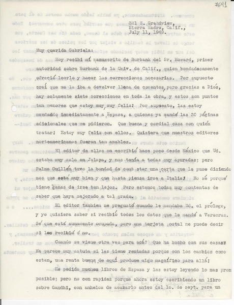 [Carta] 1949 July 11, Sierra Madre, California [a] Gabriela Mistral