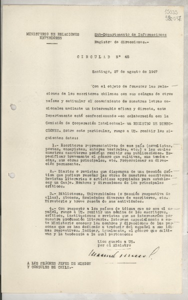 Circular N° 45, 1947 ago. 27, Santiago [a] los señores jefes de misión y consules de Chile