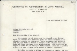 [Carta] 1942 sept. 4, [New York] [a] Gabriela Mistral, Petrópolis, Brasil