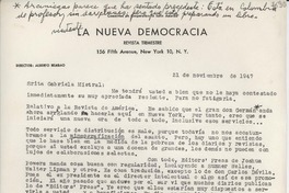 [Carta] 1947 nov. 21, [New York] [a] Gabriela Mistral