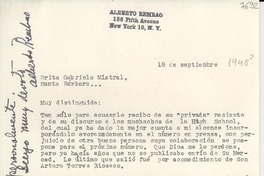 [Carta] 1948 sept. 18, [New York] [a] Gabriela Mistral, Santa Bárbara