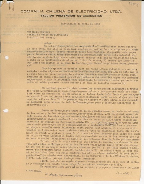 [Carta] 1942 abr. 22, Santiago, [Chile] [a] Gabriela Mistral, Petrópolis, Brasil