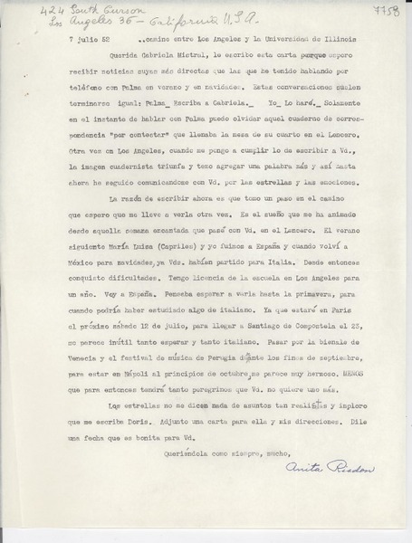 [Carta] 1952 jul. 7, Los Angeles, California, [EE.UU.] [a] Gabriela Mistral