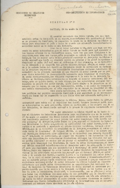 Circular N° 8, 1948 ene. 29, Santiago, [Chile] [a] Los Señores Jefes de Misión y Cónsules de Chile