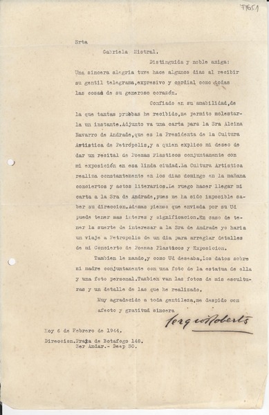 [Carta] 1944 feb. 6, Praia de Botafogo, [Brasil] [a] Gabriela Mistral