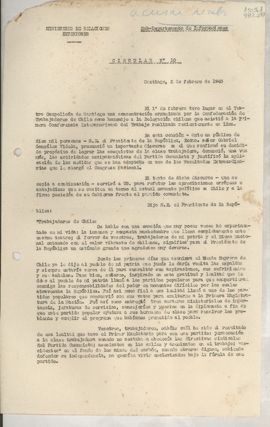 Circular N° 10, 1948 feb. 2, Santiago, [Chile] [a] Los Señores Jefes de Misión y Cónsules de Chile