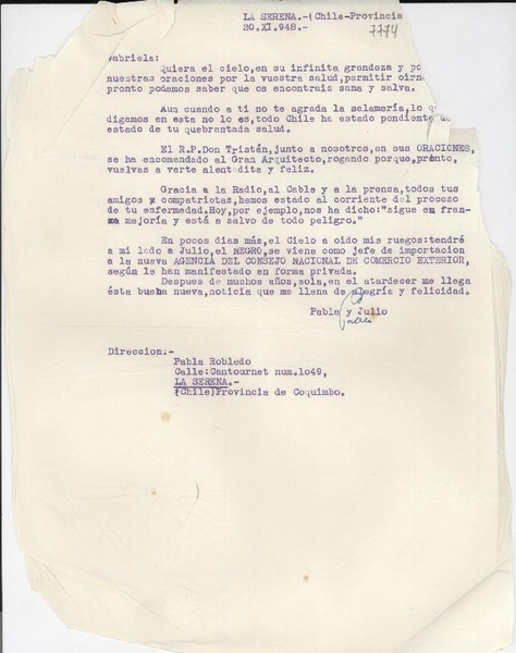 [Carta] 1948 nov. 20, La Serena, Chile [a] Gabriela Mistral