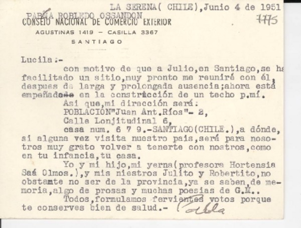 [Carta] 1951 jun. 4, La Serena, Chile [a] Lucila Godoy Alcayaga