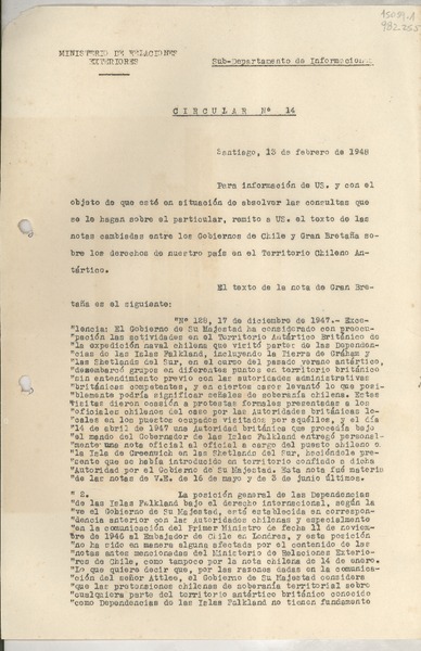Circular N° 14, 1948 feb. 13, Santiago, [Chile] [a] Los Señores Jefes de Misión y Cónsules de Chile en el exterior