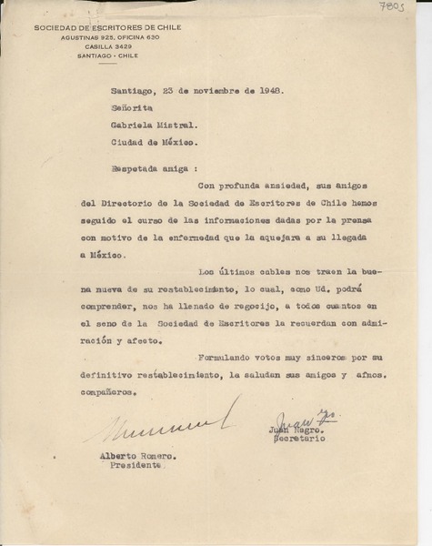 [Carta] 1948 nov. 23, Santiago, [Chile] [a] Gabriela Mistral, Ciudad de México