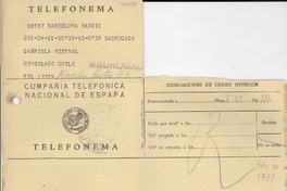 [Telegrama] [1933 jul. 12], Barcelona, [España] [a] Gabriela Mistral, Madrid, [España]