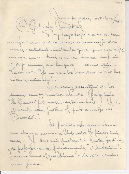 [Carta] 1943 oct., Montevideo, Uruguay [a] Gabriela Mistral