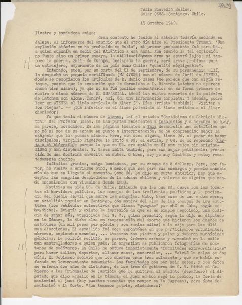 [Carta] 1949 oct. 1, Santiago, Chile [a] Gabriela Mistral