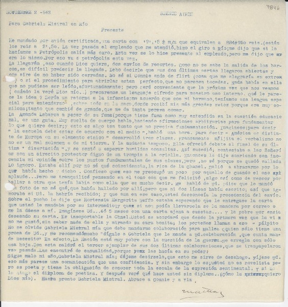 [Carta] 1945 ago. 22, Buenos Aires, [Argentina] [a] Gabriela Mistral, Río, [Brasil]