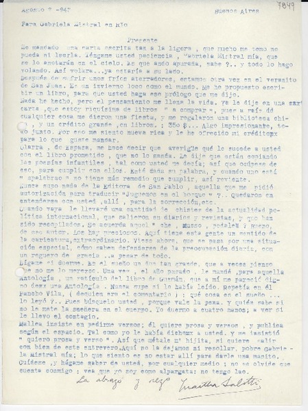 [Carta] 1943 ago. 2, Buenos Aires, [Argentina] [a] Gabriela Mistral, Río, [Brasil]