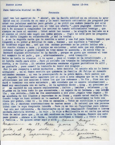 [Carta] 1944 mar. 13, Buenos Aires, [Argentina] [a] Gabriela Mistral, Río, Brasil]