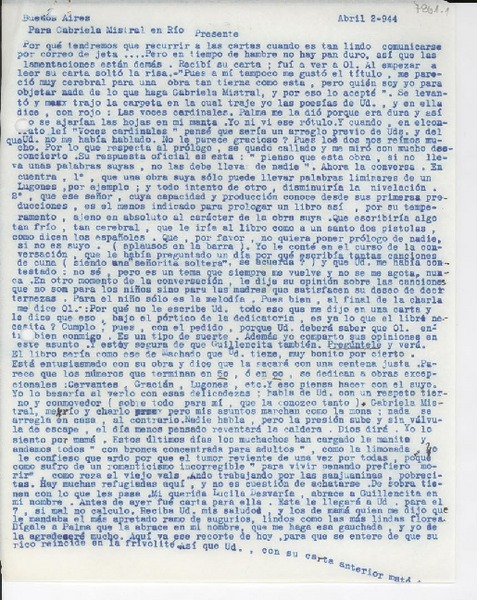 [Carta] 1944 abr. 2, Buenos Aires, [Argentina] [a] Gabriela Mistral, Río, [Brasil]