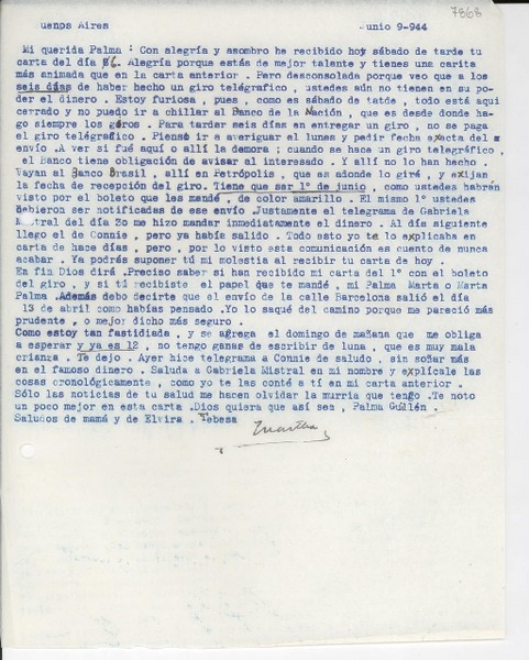 [Carta] 1944 jun. 9, uenos [i.e. Buenos] Aires, [Argentina] [a] Palma [Guillén]