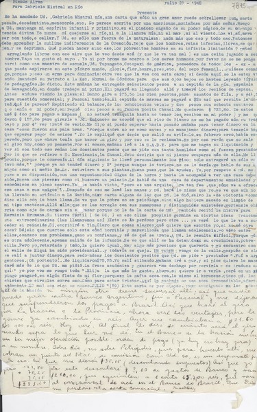 [Carta] 1942 jul. 27, Buenos Aires [a] Gabriela Mistral, Río [de Janeiro]