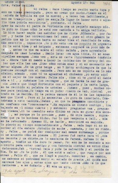 [Carta] 1944 ago. 13, uenos [i.e. Buenos] Aires, [Argentina] [a] Palma Guillén