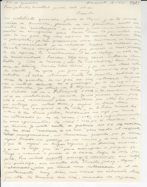[Carta] 1945 dic. 16, Río de Janeiro [a] Gabriela Mistral, quién sabe dónde