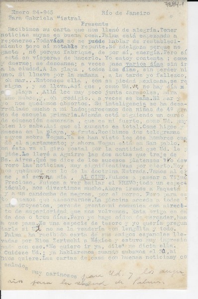[Carta] 1945 ene. 24, Río de Janeiro, [Brasil] [a] Gabriela Mistral