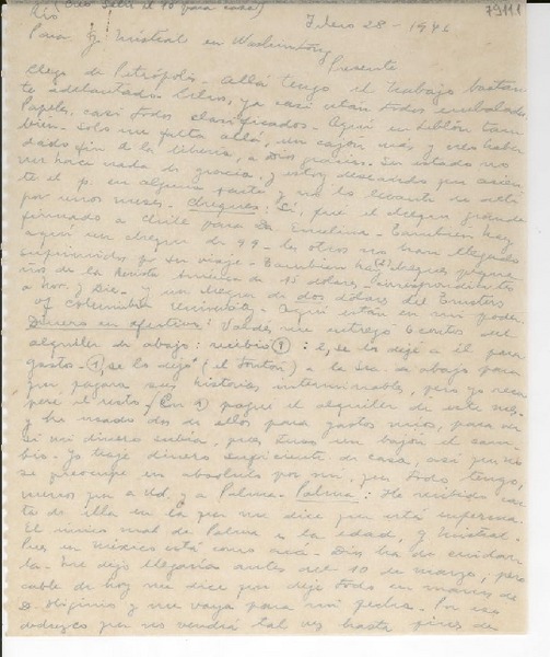 [Carta] 1946 feb. 28, Río [de Janeiro] [a] Gabriela Mistral, Washington