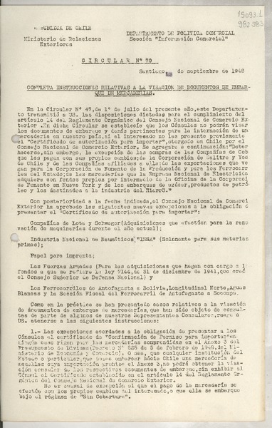 Circular N° 70, 1948 sept. 23, Santiago [a] los Señores Consules de Chile en el Exterior