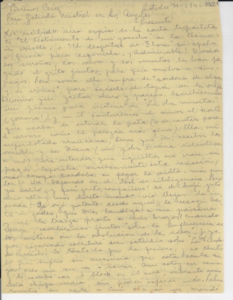 [Carta] 1946 oct. 31, Buenos Aires [a] Gabriela Mistral, Los Ángeles