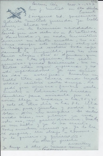 [Carta] 1947 nov. 4, Buenos Aires, [Argentina] [a] G[abriela] Mistral, Santa Bárbara, [EE.UU.]