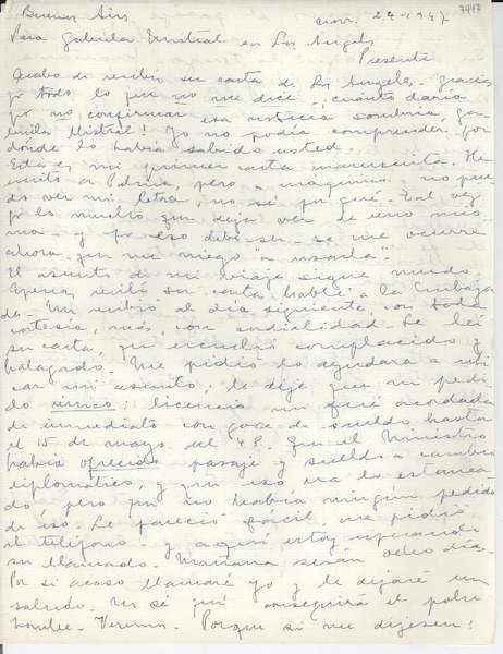 [Carta] 1947 nov. 24, Buenos Aires, [Argentina] [a] Gabriela Mistral, Los Angeles, [EE.UU.]