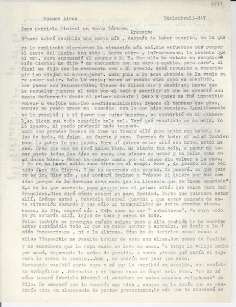 [Carta] 1947 dic. 13, Buenos Aires, [Argentina] [a] Gabriela Mistral, Santa Bárbara, [EE.UU.]