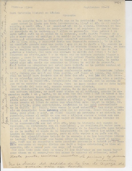 [Carta] 1949 sept. 28, Buenoas [i.e. Buenos] Aires, [Argentina] [a] Gabriela Mistral, México