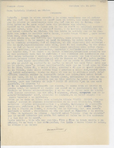 [Carta] 1949 oct. 12, Buenos Aires, [Argentina] [a] Gabriela Mistral, México