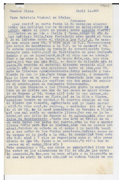 [Carta] 1950 abr. 14, Buenos Aires, [Argentina] [a] Gabriela Mistral, México