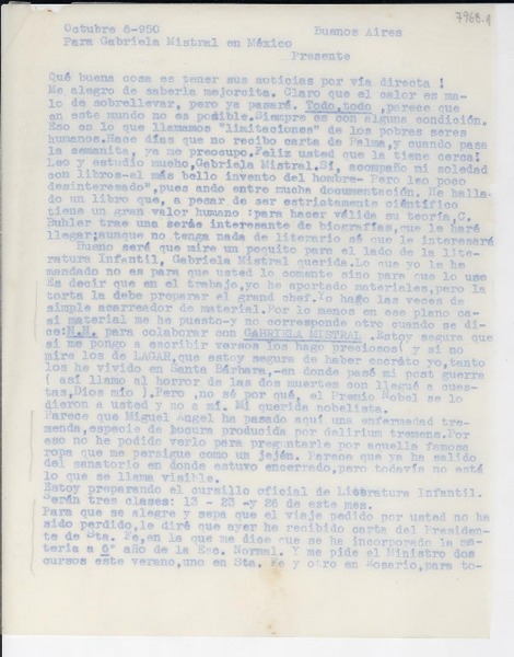 [Carta] 1950 oct. 6, Buenos Aires, [Argentina] [a] Gabriela Mistral, México