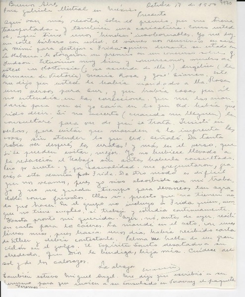 [Carta] 1950 oct. 17, Buenos Aires, [Argentina] [a] Gabriela Mistral, México