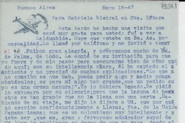 [Carta] 1947 mayo 19, Buenos Aires [a] Gabriela Mistral, Santa Bárbara