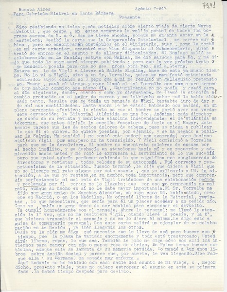 [Carta] 1947 ago. 7, Buenos Aires [a] Gabriela Mistral, Santa Bárbara