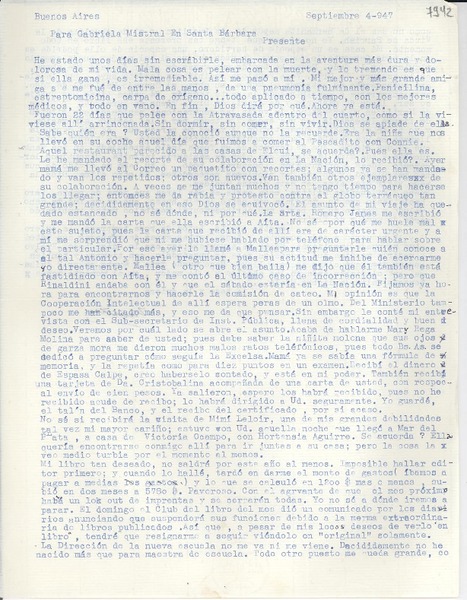 [Carta] 1947 sept. 4, Buenos Aires [a] Gabriela Mistral, Santa Bárbara