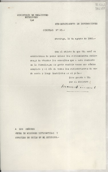 Circular N° 63, 1950 ago. 10, Santiago [a] los señores Jefes de Misiones Diplomáticas y Consules de Chile en el exterior