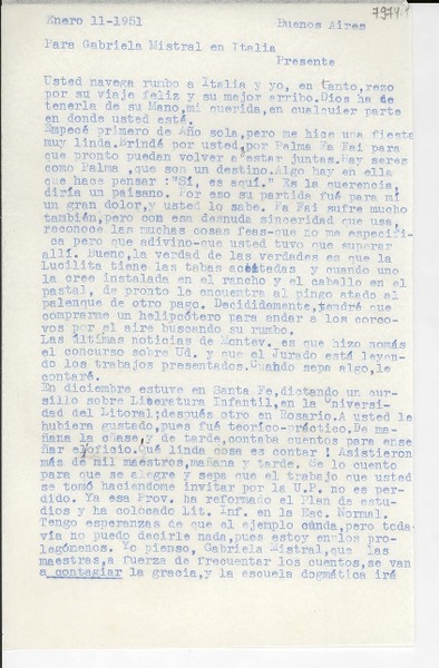 [Carta] 1951 ene. 11, Buenos Aires [a] Gabriela Mistral, Italia