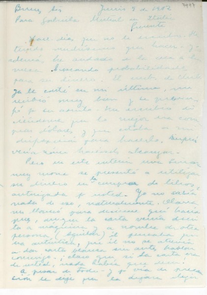 [Carta] 1952 jun. 9, Buenos Aires, [Argentina] [a] Gabriela Mistral, Italia