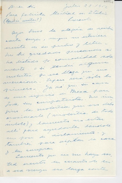 [Carta] 1952 jul. 23, Buenos Aires, [Argentina] [a] Gabriela Mistral, Italia