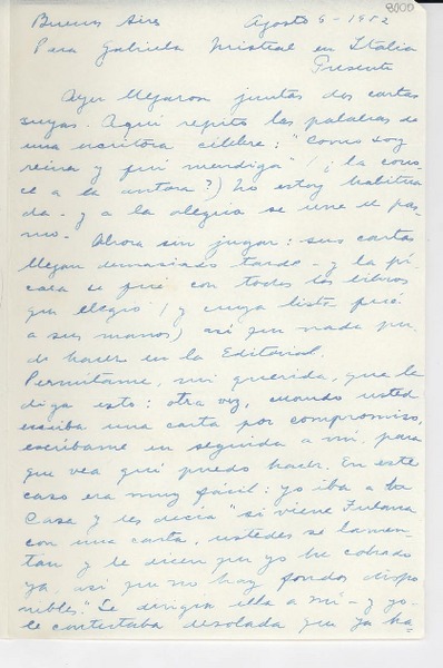 [Carta] 1952 ago. 6, Buenos Aires, [Argentina] [a] Gabriela Mistral, Italia