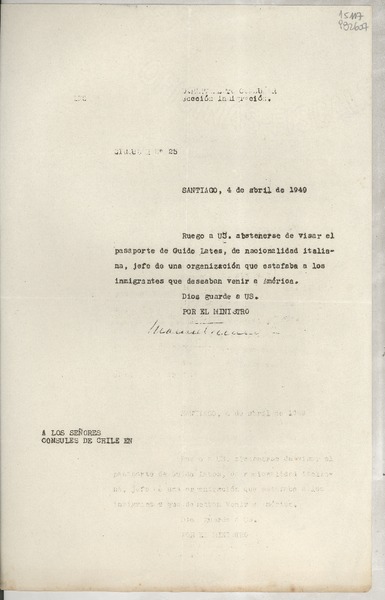 Circular N° 25, 1949 abr. 4, Santiago, [Chile] [a] Los Señores Cónsules de Chile en